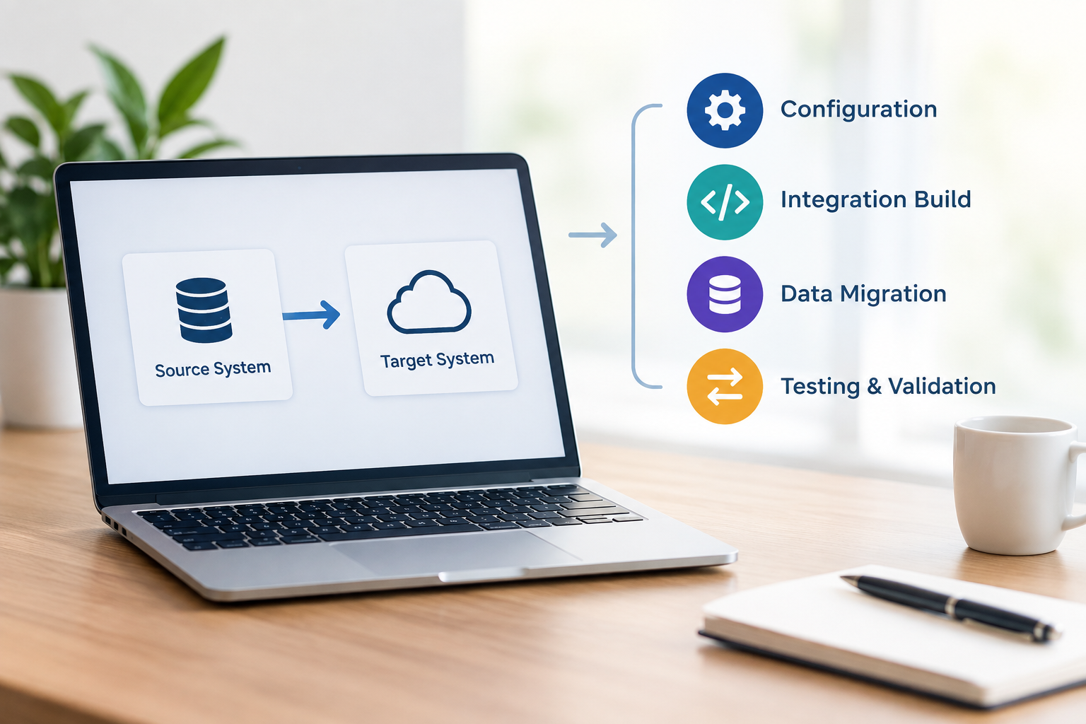 Migration from a source system to Workday, covering configuration, integration build, data migration, and testing